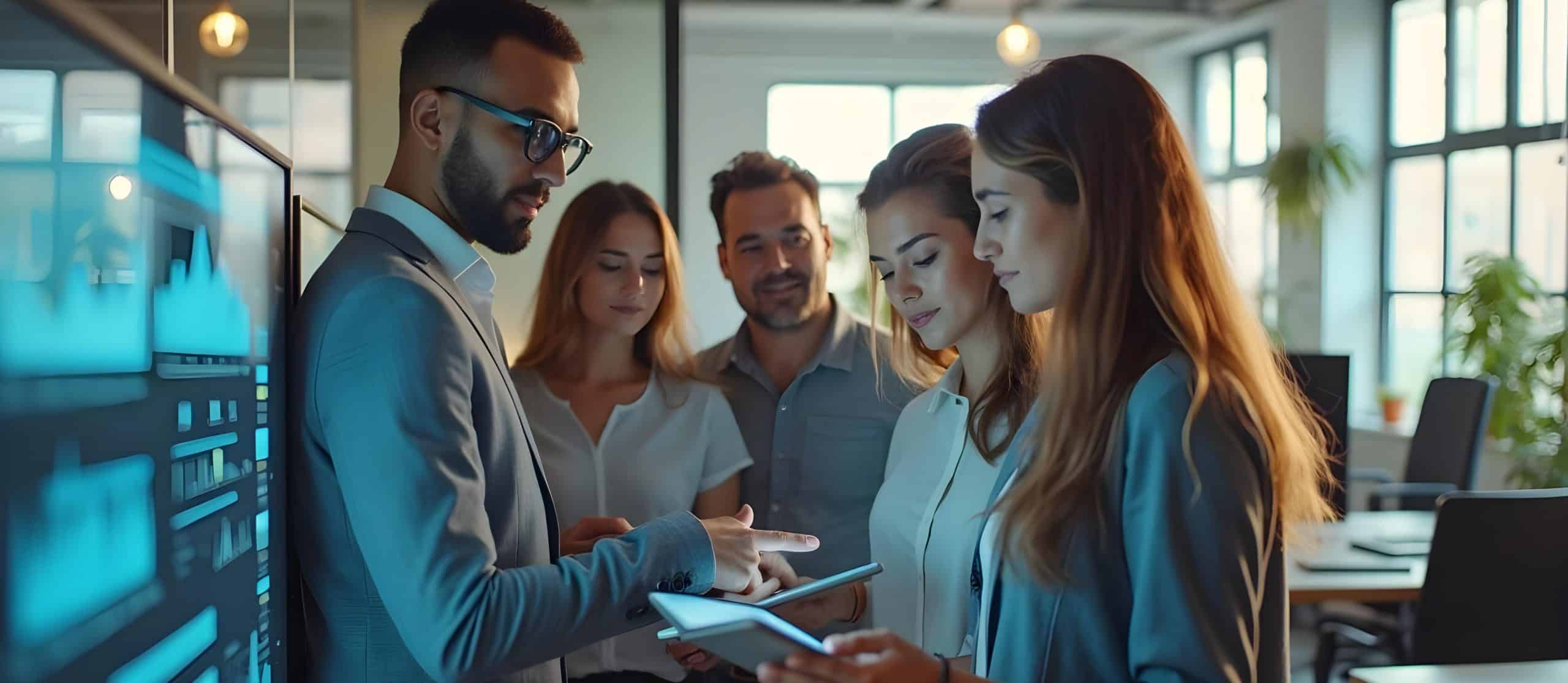 gruppo di colleghi confronta dati. Aeonvis è impegnata nell’implementazione di Kinaxis Maestro, piattaforma innovativa per la pianificazione delle vendite e della produzione