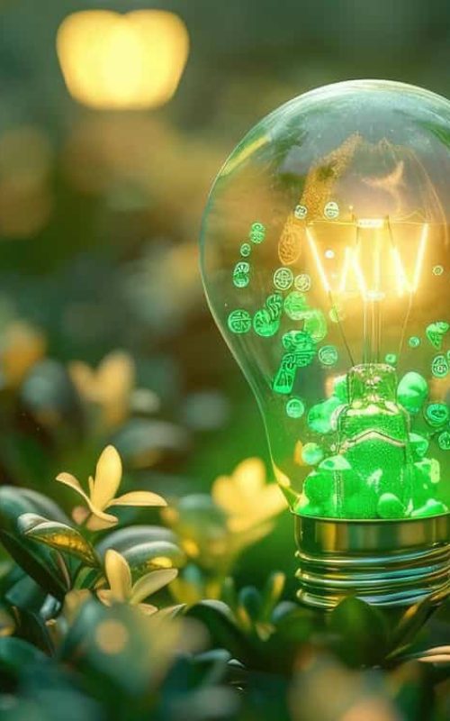 10870 lampadina contenente luce green tra foglie. Per Energy Solutions Aeonvis ha personalizzato Salesforce Sales, Service e Field Service Cloud, ottimizzando l’intero processo