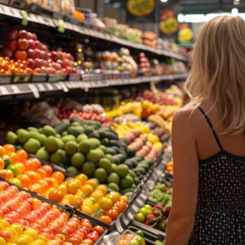 Consumer Goods Donna davanti ad un colorato banco di frutta e verdura. Expertise multi-settoriale: nel settore Consumer Goods la personalizzazione e la fidelizzazione del cliente sono prioritarie