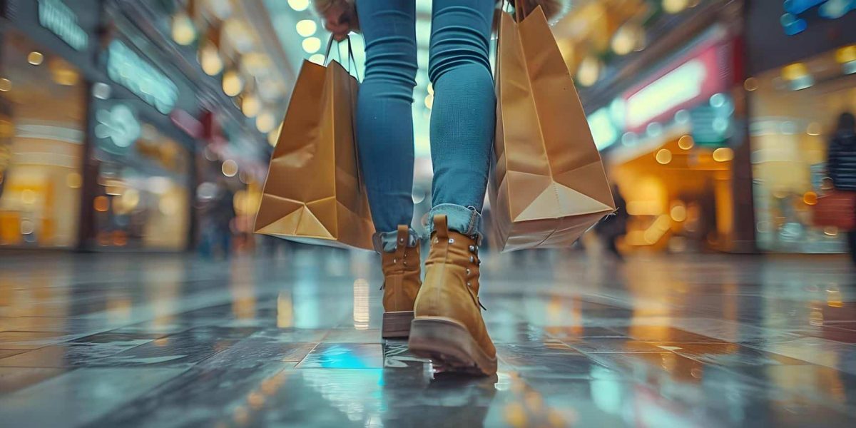 Shopping Ragazza cammina in una via dello shoping con due borse di acquisti. Aeonvis ha supportato Conte’ Scarpe ad implementare Salesforce per automatizzare i customer journey e personalizzare le campagne.