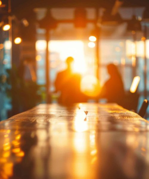 Business office with blurred business people Ufficio aziendale con persone d'affari sfocate in controluce con il sole che tramonta che rappresenta l'ambiente di lavoro Aeonvis dove Promuoviamo un ambiente inclusivo e accogliente