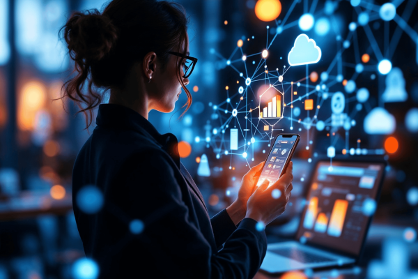 ragazza mobile dashboard Consulente esamina dati su dashboad complessa a rappresentare le Soluzioni e Tecnologie di Aeonvis