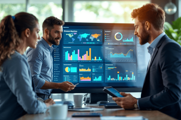 colleghi dashboard Gruppo di colleghi esamina dati su dashboad complessa a rappresentare le Soluzioni e Tecnologie di Aeonvis