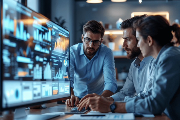 colleghi dashboard 2 Gruppo di colleghi esamina dati su dashboad complessa a rappresentare le Soluzioni e Tecnologie di Aeonvis