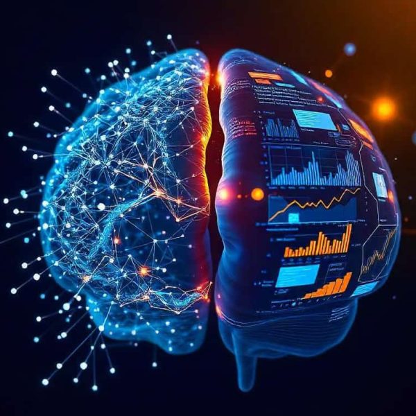 future braain cervello con metà reti neurali e metà digitali. Aeonvis aiuta le aziende ad organizzare i dati in informazioni strutturate per consentire al business di prendere decisioni tempestive e adeguate, realizzando un vero modello aziendale data-driven.