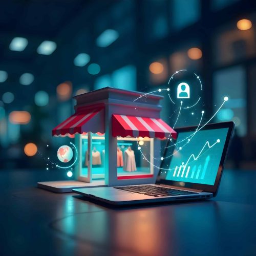 Digital Shop Immagine olografica di uno shop che esce da un laptop. Aeonvis ha supportato Conte’ Scarpe ad implementare Salesforce per automatizzare i customer journey e personalizzare le campagne.