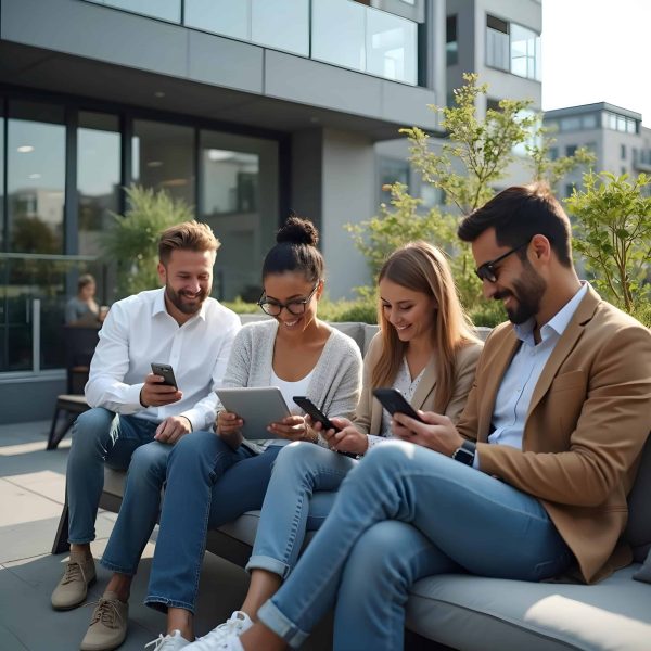 colleghi mobile phones gruppo di colleghi amichevoli consulta i propri smarthphone. I processi decisionali richiedono un’elevata interazione tra i team aziendali, spesso in situazione mobilità; la personalizzazione delle cloud di Salesforce abilita tale collaborazione attraverso l’utilizzo di soluzioni facilmente accessibili anche da dispositivi mobile.
