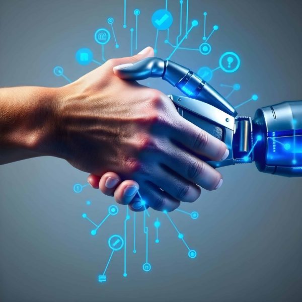 mano robot mano umana stringe mano robotica. L’interazione digitalizzata con i clienti deve essere continua e arricchita da risposte personalizzate anche grazie all’introduzione dell’intelligenza artificiale nei canali di comunicazione.
